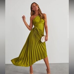 Olive green satin one-shoulder asymmetrical midi dress